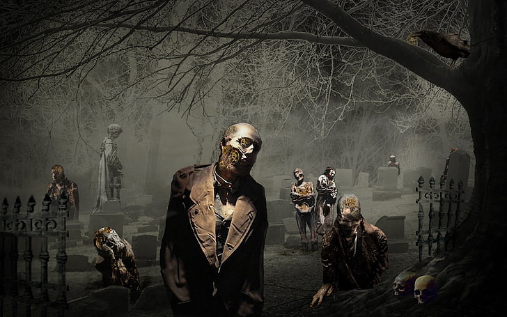 zombie wallpaper, horror, cemetery, men, tree, real people, group of people