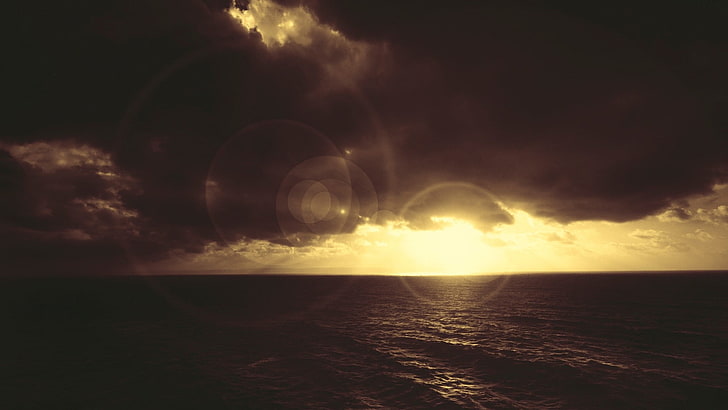 body of water wallpaper, sky, Sun, clouds, sea, sunset, lens flare