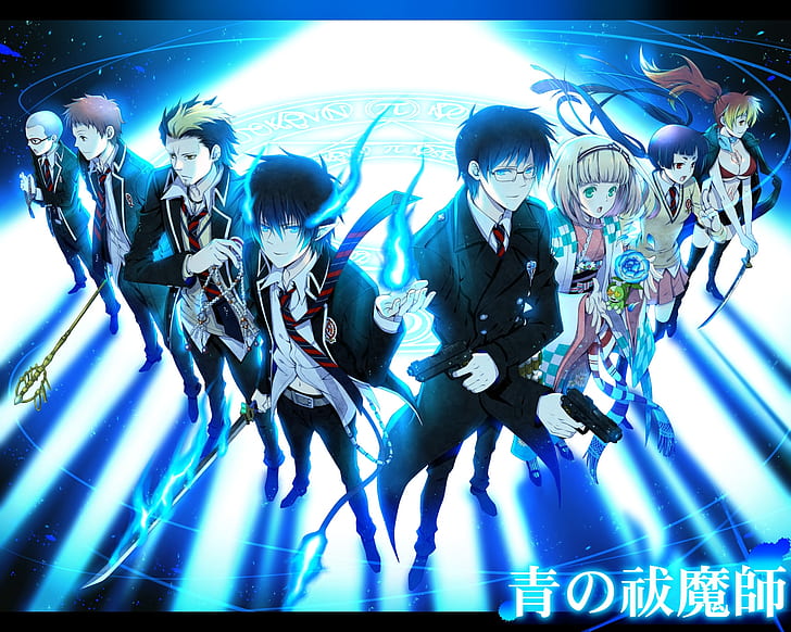 flames blue magic anime anime boys ao no exorcist okumura rin okumura yukio shiemi moriyama ryuji su Anime Hot Anime HD Art, HD wallpaper