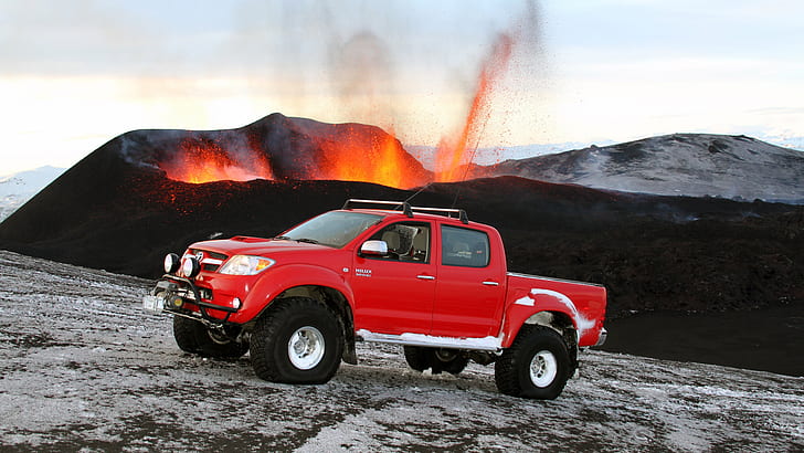 Toyota Hilux Truck Off Road Volcano Eruption Lava HD, cars, HD wallpaper
