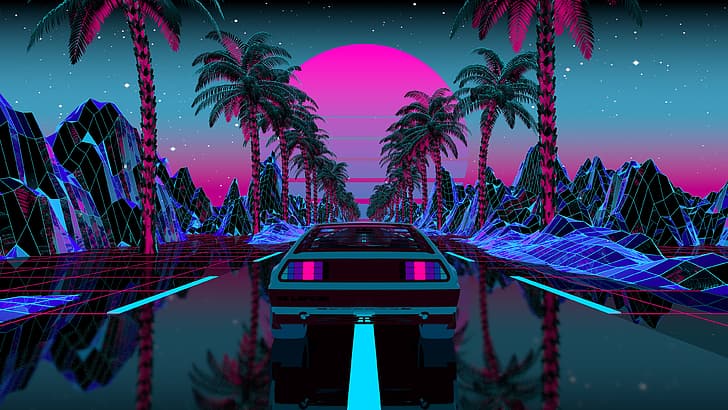 vaporwave, cyberpunk, Synth, synthwave, 4K, palm trees, OutRun, HD wallpaper