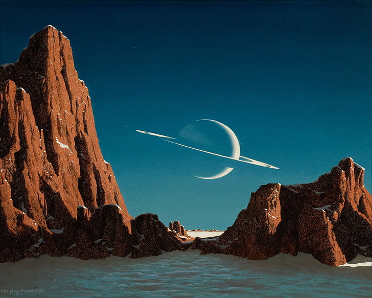 brown rock mountains painting, artwork, space art, planet, landscape, HD wallpaper