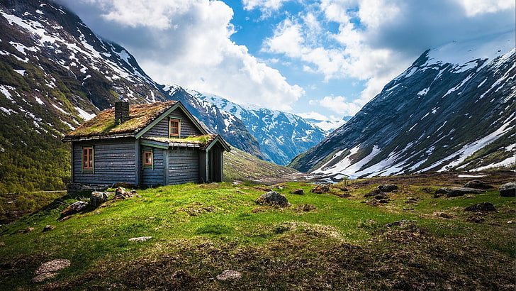 brown house, fjord, Norway, cabin, mountains, valley, cloud - sky