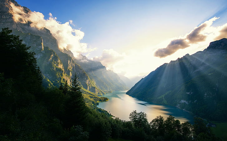 fjord, sun rays, river, HD wallpaper