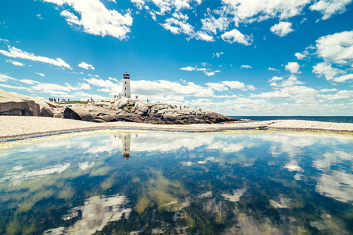 white lighthouse, water, blue, sky, clouds, beauty in nature