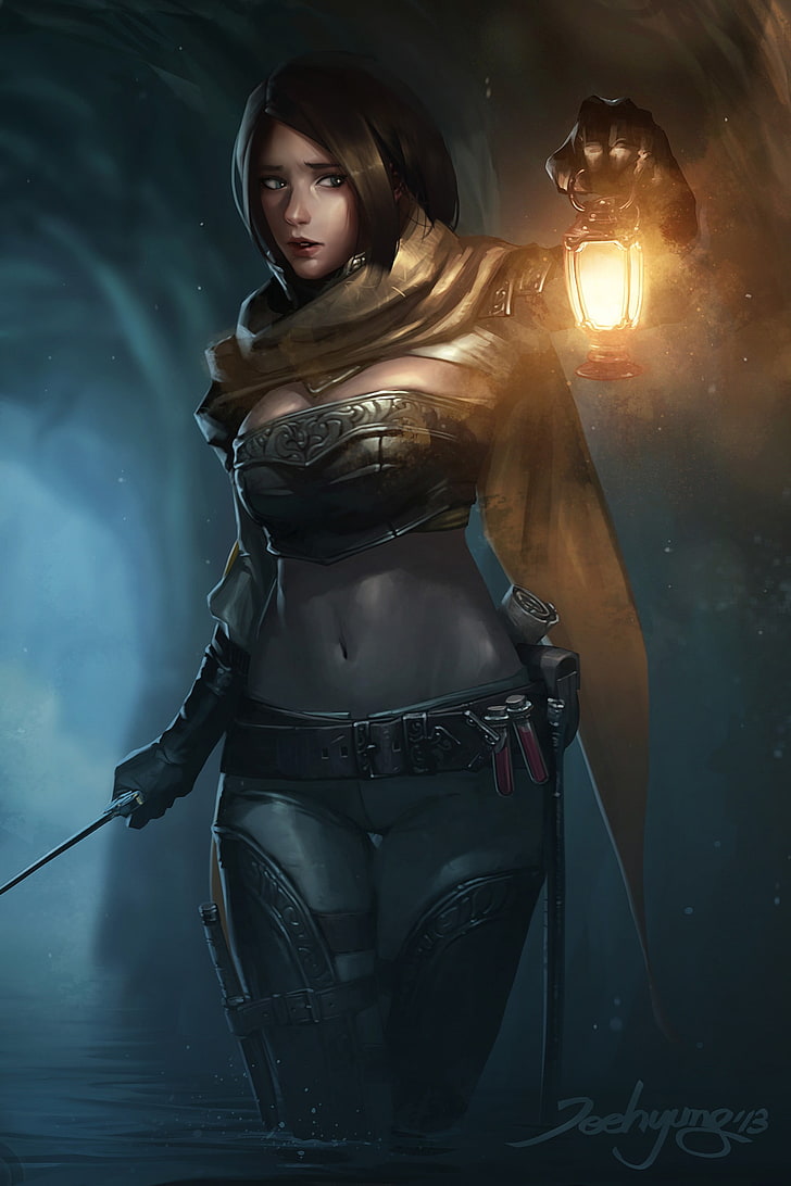 female game character carrying knife and lantern wallpaper, fantasy art