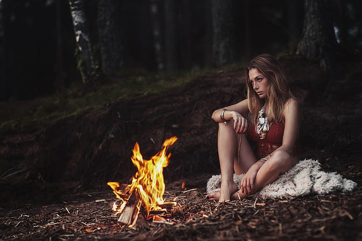 Olga Kobzar, women, model, fire, sitting, women outdoors, trees, HD wallpaper