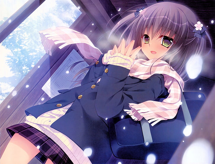 anime girl, winter, scarf, smiling, shy, school uniform, bag, HD wallpaper