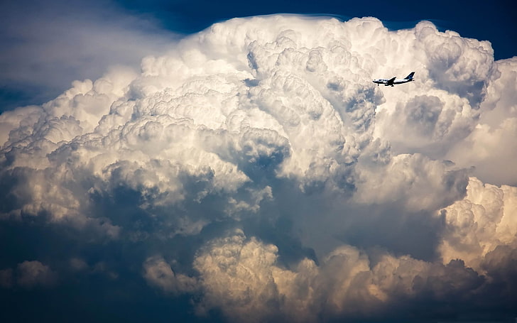 clouds, airplane, sky, aircraft, nature, flying, cloud - sky, HD wallpaper