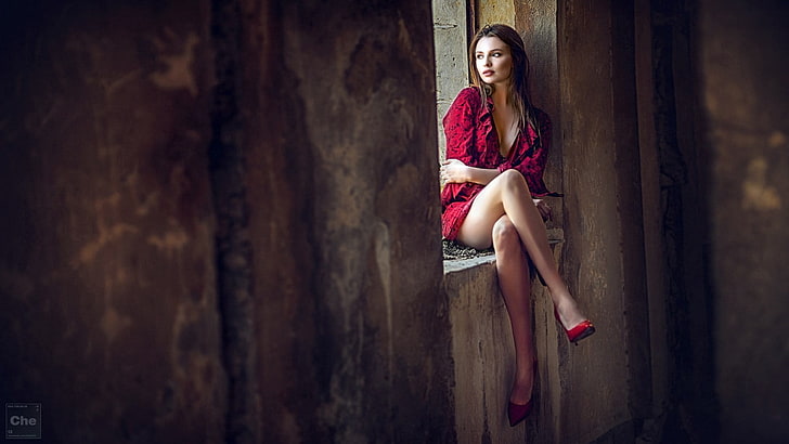 women's red top, Che Nai, legs crossed, 500px, model, sitting, HD wallpaper