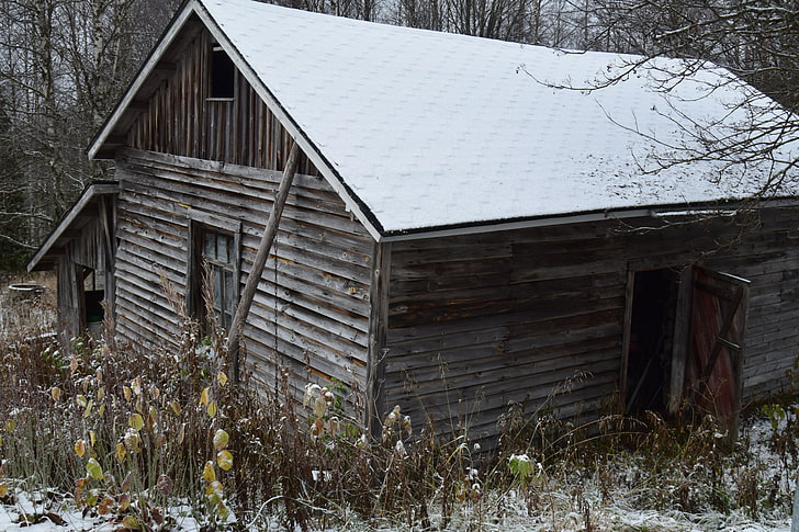 winter, cabin, snow, abandoned, architecture, built structure
