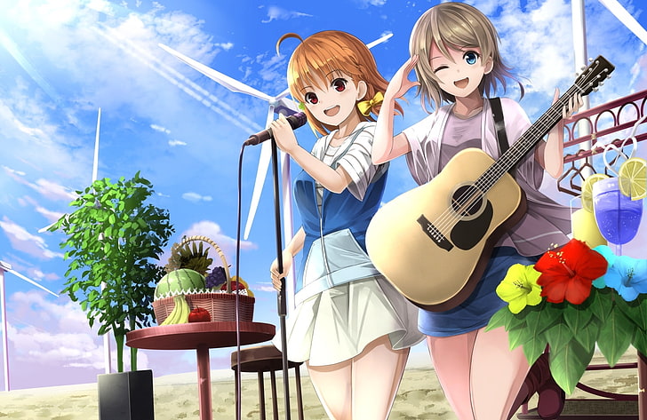 anime girls, guitar, mic, singing, smiling, summer, windmill