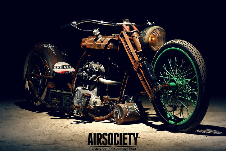 brown and green Airsociety motorcycle, rat style, old car, transportation