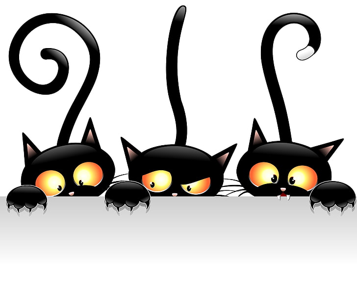three black cats vector art, views, tails, illustration, cartoon, HD wallpaper