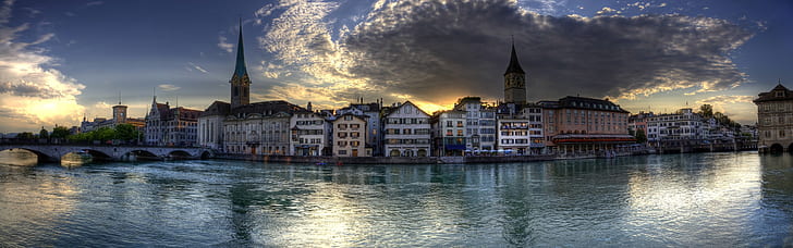 Dusk, houses, river, Zurich, Switzerland