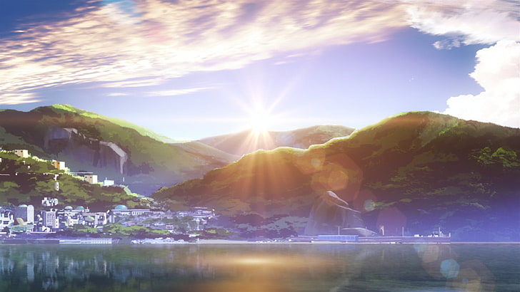 green mountain, Nagi no Asukara, landscape, lens flare, anime, HD wallpaper