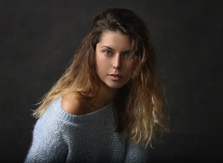 women, model, face, blue eyes, portrait, simple background, HD wallpaper