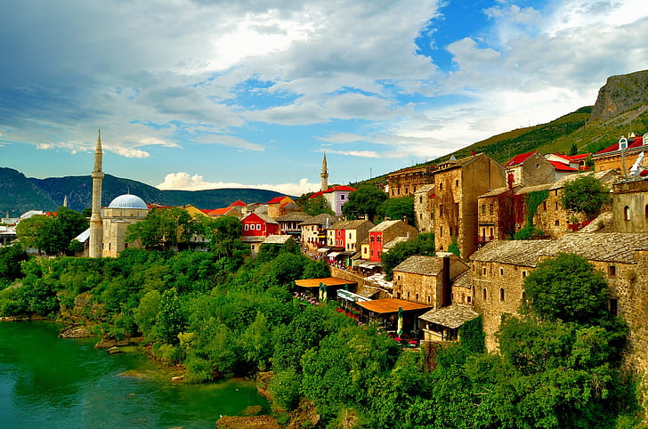 building, home, mosque, Bosnia and Herzegovina, Mostar, the Neretva river, HD wallpaper