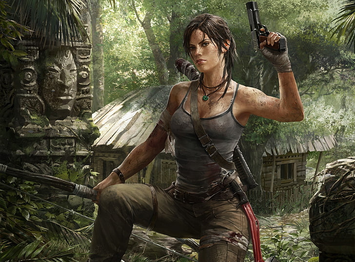 female character holding pistol, Tomb Raider, Lara Croft, video games