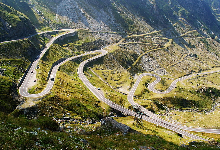 green mountain, road, mountains, stones, track, highway, panorama, HD wallpaper