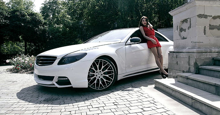 Mercedes-Benz, CL-Class, C216, white coupe, girl, Mercedes coupe, HD wallpaper