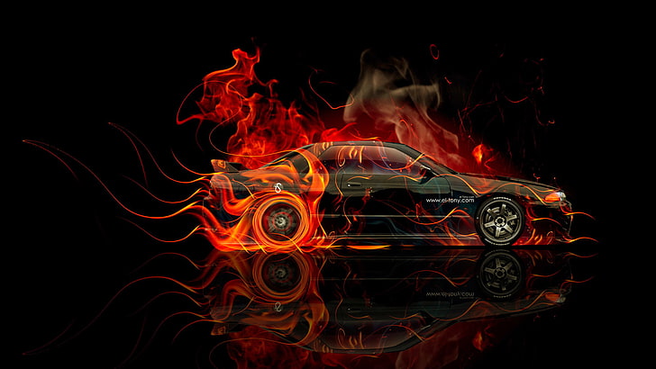 black and blue coupe with flames digital wallpaper, Machine, Nissan, HD wallpaper