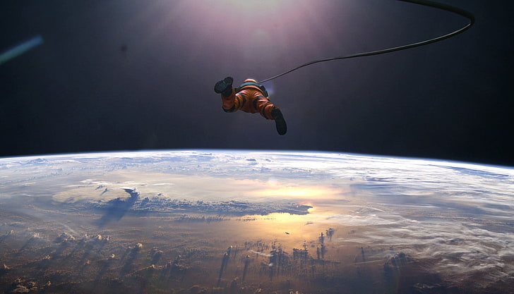 astronaut on outer space, Kentaro Kameda, artwork, planet, atmosphere, HD wallpaper