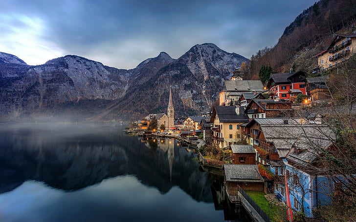 mountains, landscape, lake, town, reflection, Hallstatt, HD wallpaper