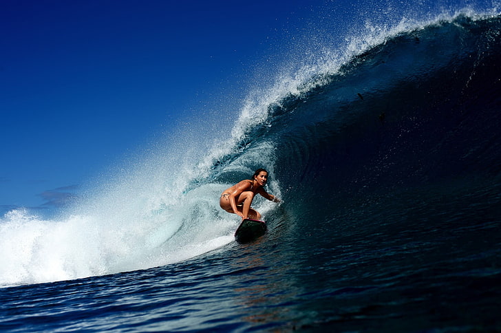 woman surfing, women, waves, bikini, water, sport, sea, aquatic sport, HD wallpaper