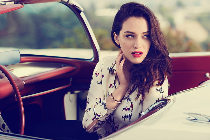 Kat Dennings, actress, women outdoors, red lipstick, car, women with cars
