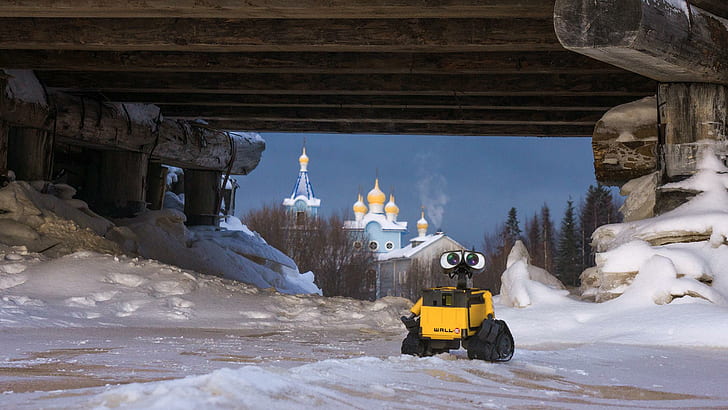 Toys WALL·E Winter Snow, wall-e and blue and yellow concrete domed building illustration