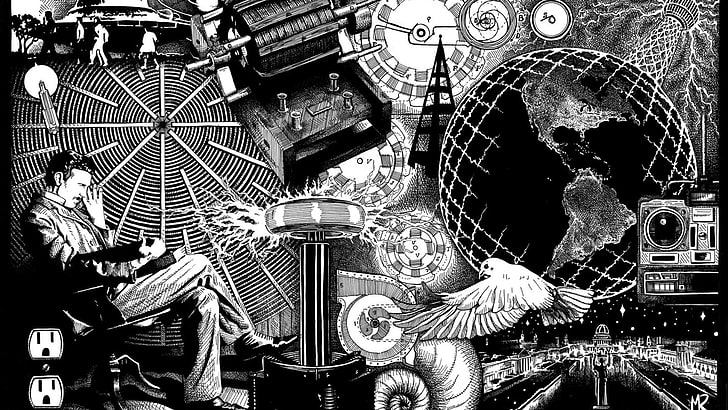 grayscale man, bird, camera, typewriter, and globe illustration