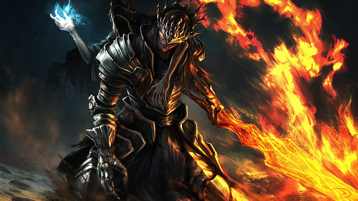 man holding fire sword wallpaper, weapons, the game, armor, art