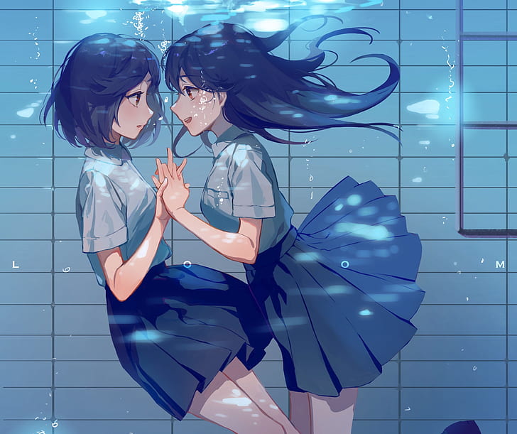 Hd Wallpaper Anime Anime Girls Underwater Dark Hair Holding