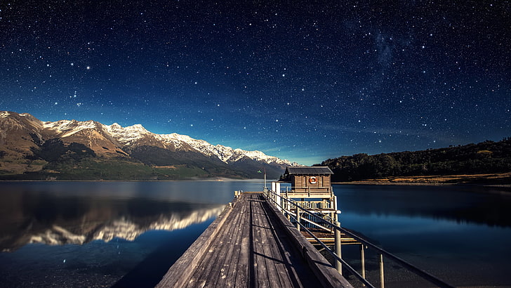 black wooden dock, brown wooden dock under starry night, stars