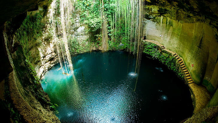cenote ik kil, yucatán peninsula, lake, cenotes, pond, rainforest, HD wallpaper
