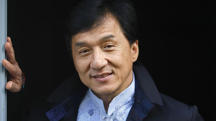 men's blue button-up shirt, Jackie Chan, actor, looking at viewer