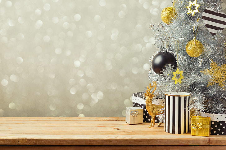 black and white striped vase, decoration, balls, New Year, Christmas, HD wallpaper