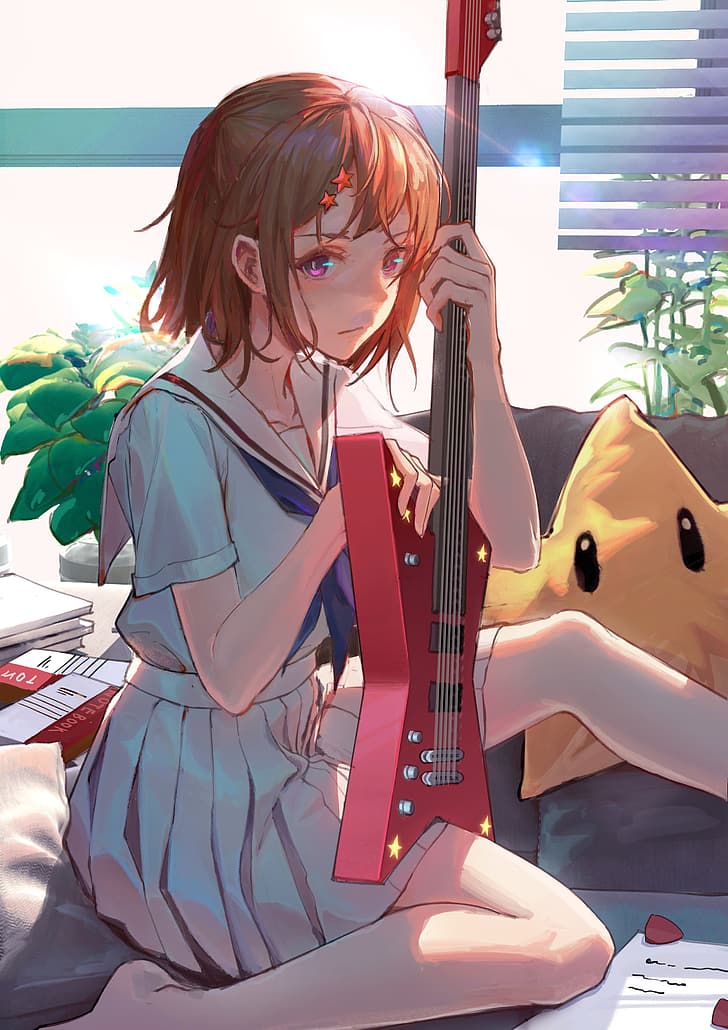 anime, anime girls, T5, sailor uniform, electric guitar, HD wallpaper