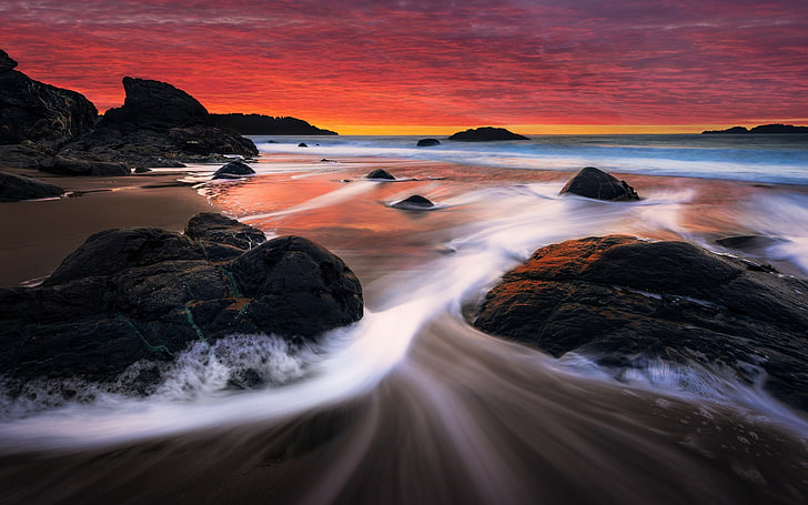 Sunset rocks shore beach stream-High Quality Deskt.., long exposure