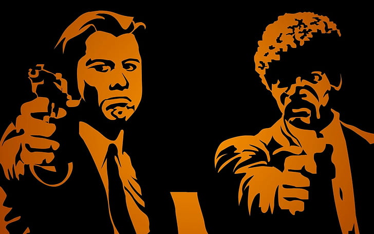 Pulp Fiction Orange Black HD, 2 men in suit jacket holding pistols movie illustration, HD wallpaper