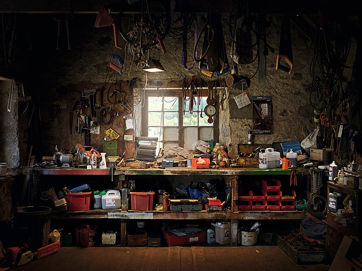 tool lot, window, instrumento, workshop, craft, indoors, old, HD wallpaper