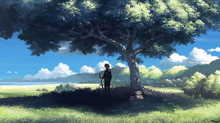 HD wallpaper: anime, grass, sky, landscape, field, meadow, clouds, summer |  Wallpaper Flare