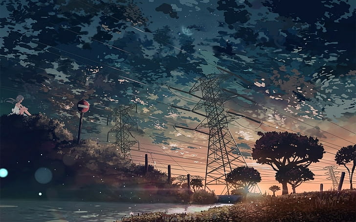 anime, transmission tower, utility pole, power lines, clouds