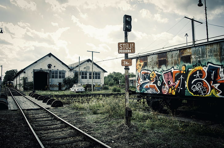 abandoned, car, clouds, Graffiti, ground, Muted, nature, Old, HD wallpaper