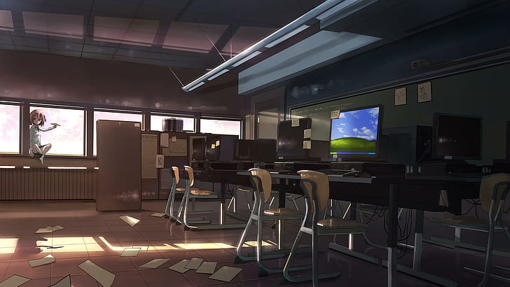 Rooms, Anime Girls, Classroom, Computers, computer set; desk and table set