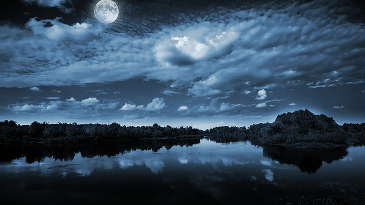 sky, reflection, nature, water, full moon, moonlight, cloud, HD wallpaper