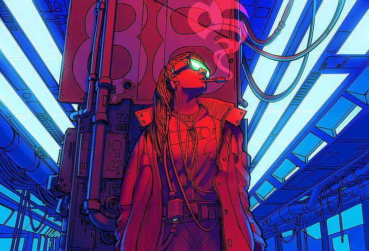 smoking woman in coat wallpaper, artwork, science fiction, cyberpunk