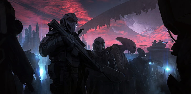 soldiers and aliens wallpaper, Andree Wallin, space, futuristic