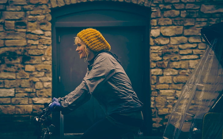 women, blonde, woolly hat, bicycle, lifestyles, side view, one person, HD wallpaper